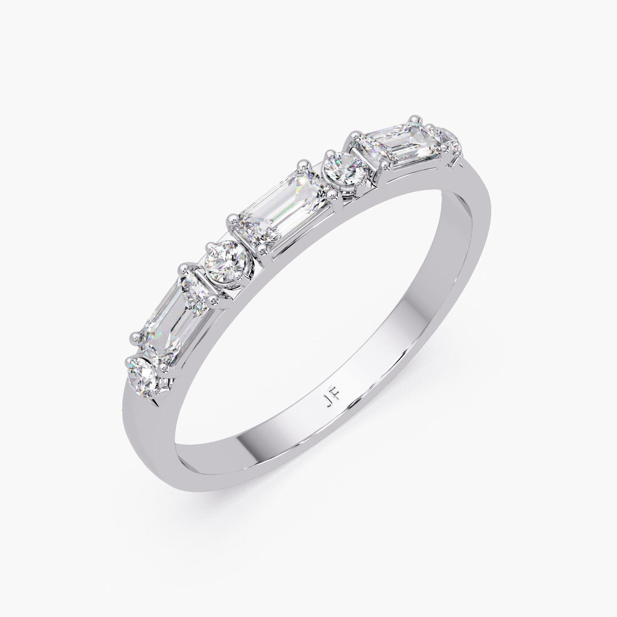 14K white gold emerald and round diamond band, 0.30 CTW.