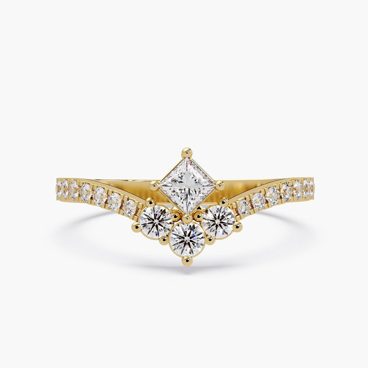 14K yellow gold princess and round lab diamond tiara V ring worn on hand, 0.50 CTW.