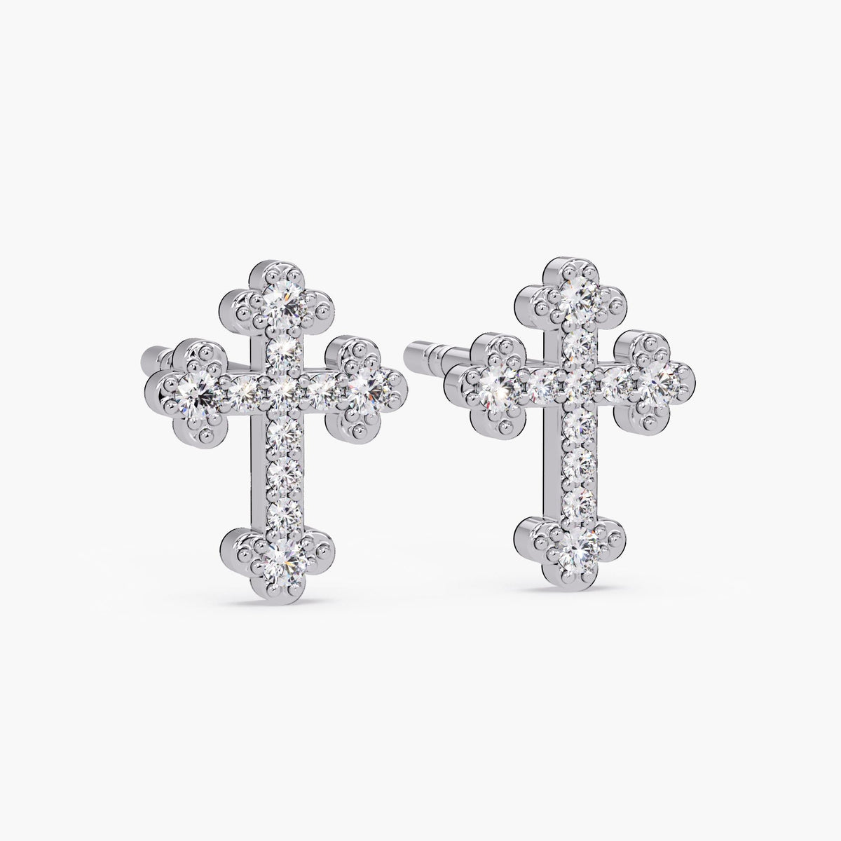 14K white gold diamond cross stud earrings with pavé natural diamonds
