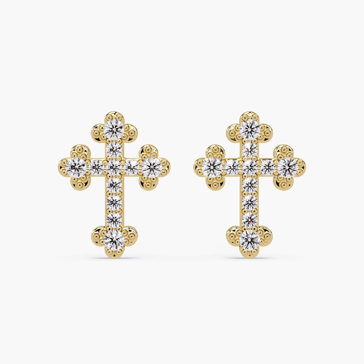 14K gold diamond cross stud earrings with pavé natural diamonds