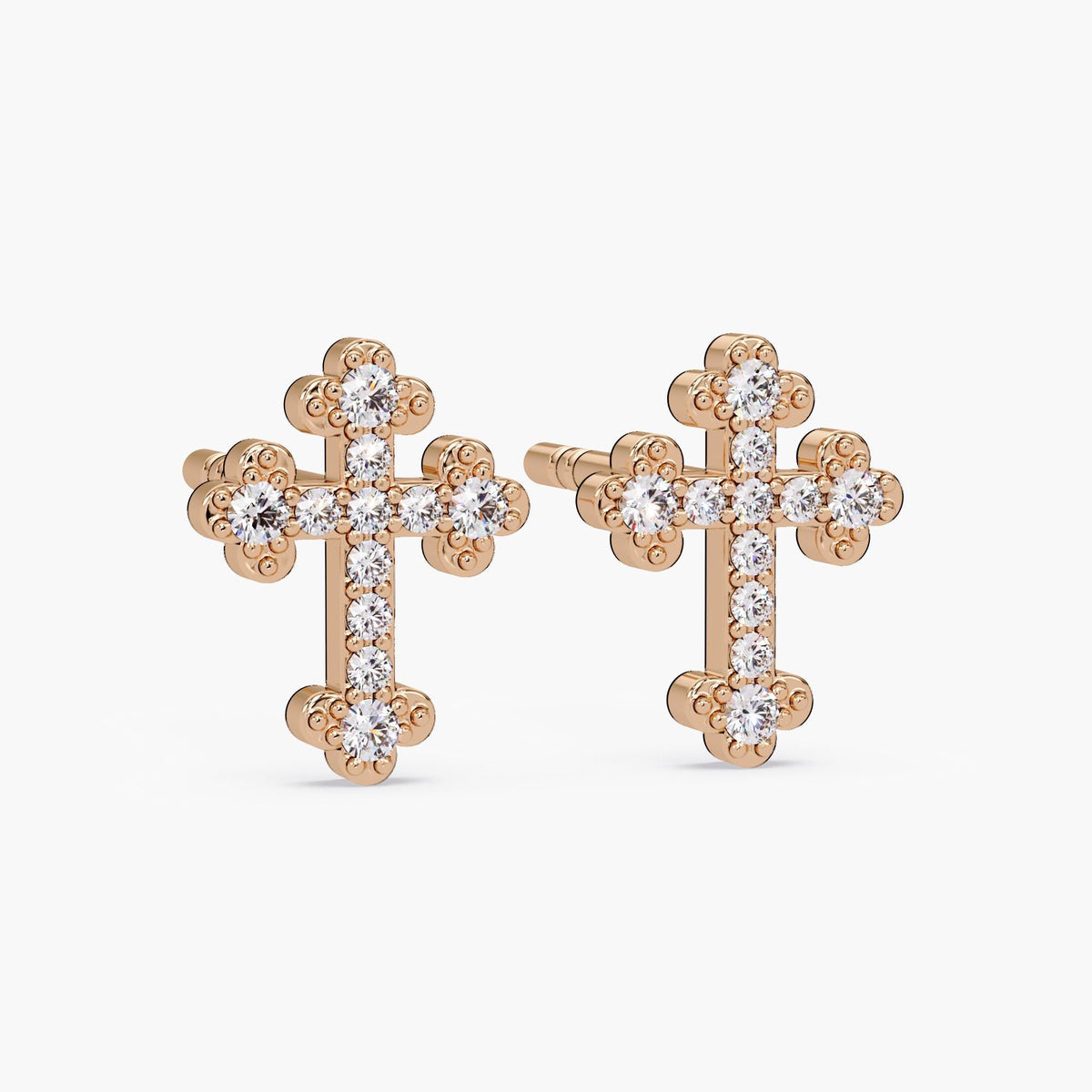 14K rose gold diamond cross stud earrings with pavé natural diamonds