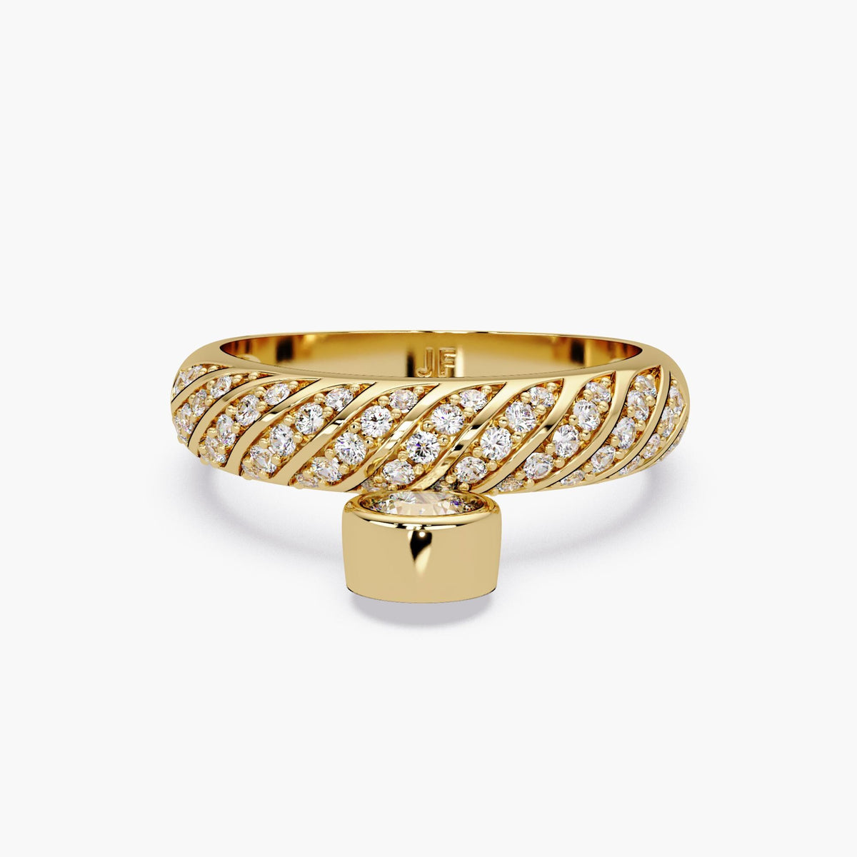 14K gold bold chunky ring with dangling bezel-set diamond charm
