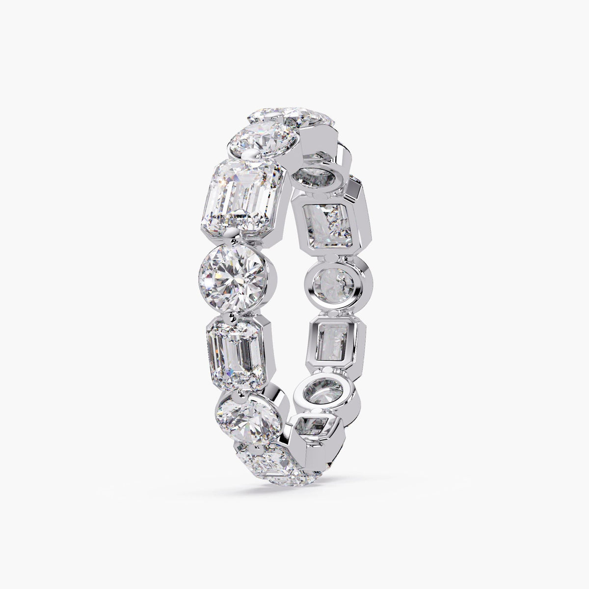 Lab grown diamond wedding band — emerald and round cuts in solid gold setting