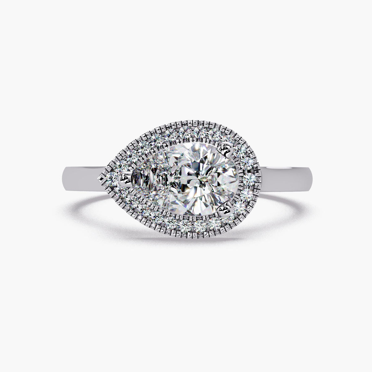 White gold East West pear halo engagement ring with lab grown diamond
