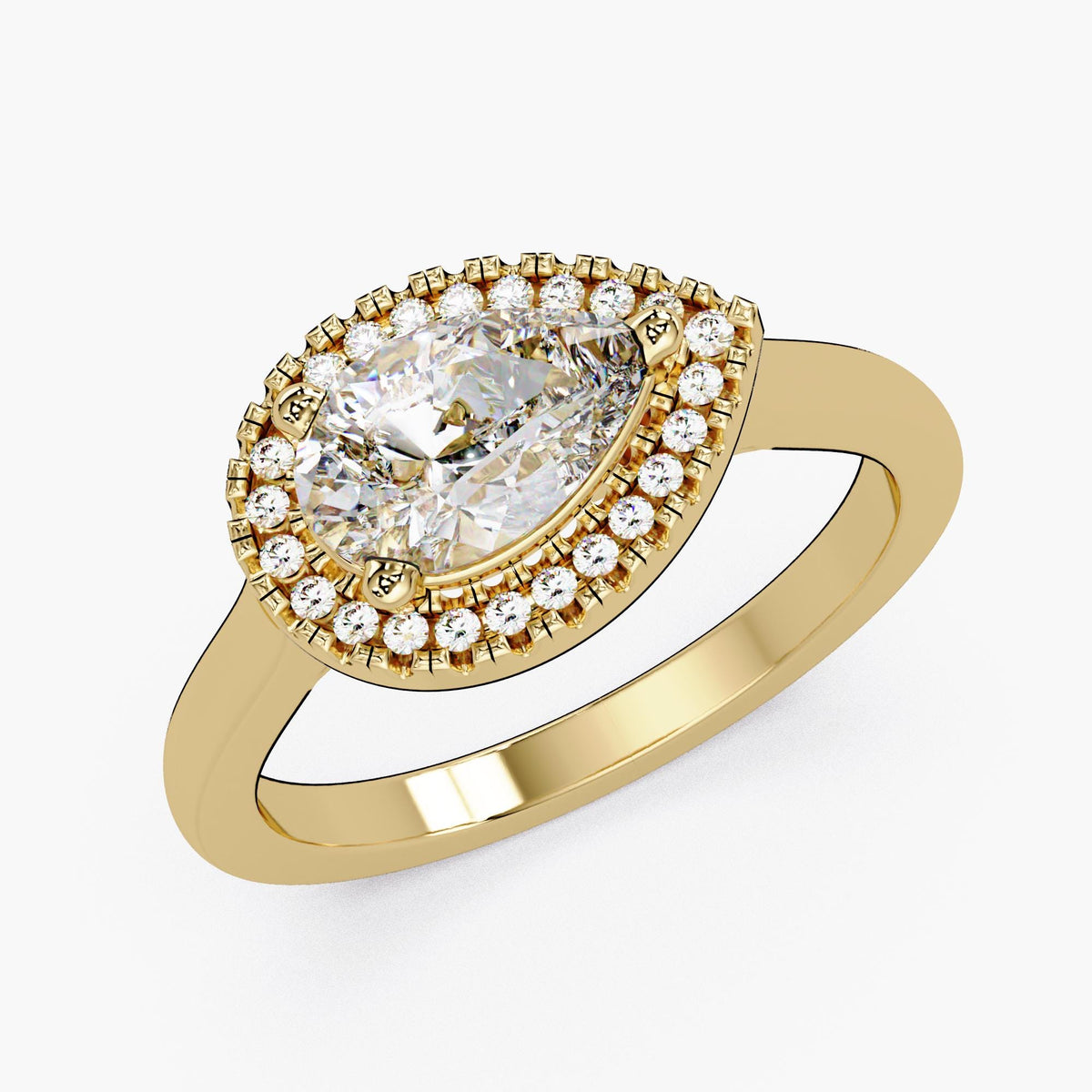 14K gold East West pear diamond halo ring showing band and setting detail