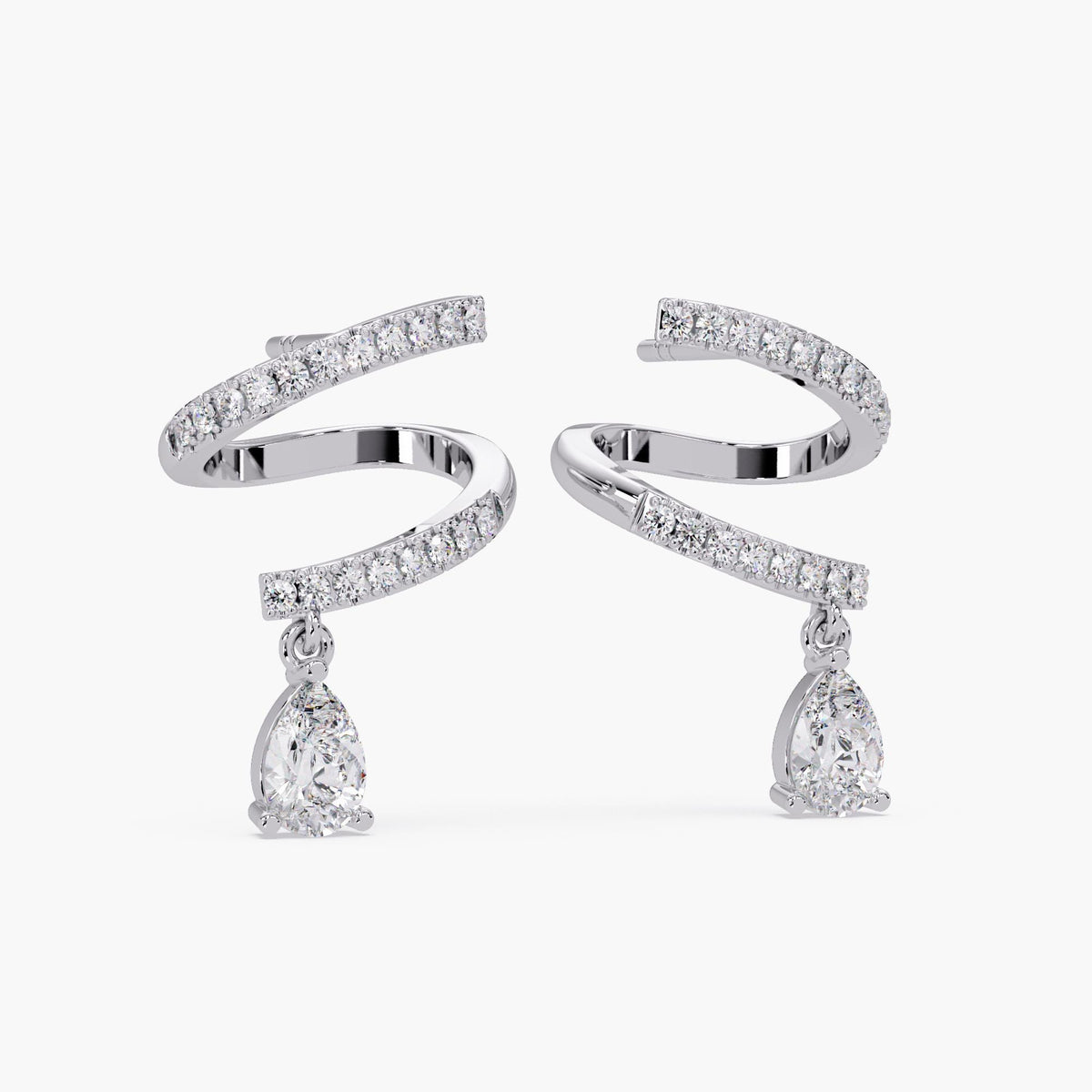 14K white gold spiral pavé diamond earrings with pear-shaped lab diamond drop,