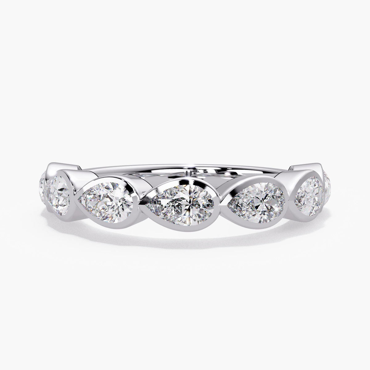 14K white gold pear diamond bezel band with seven 5x3mm lab-grown diamonds set east-west in a 4mm half-eternity design.
