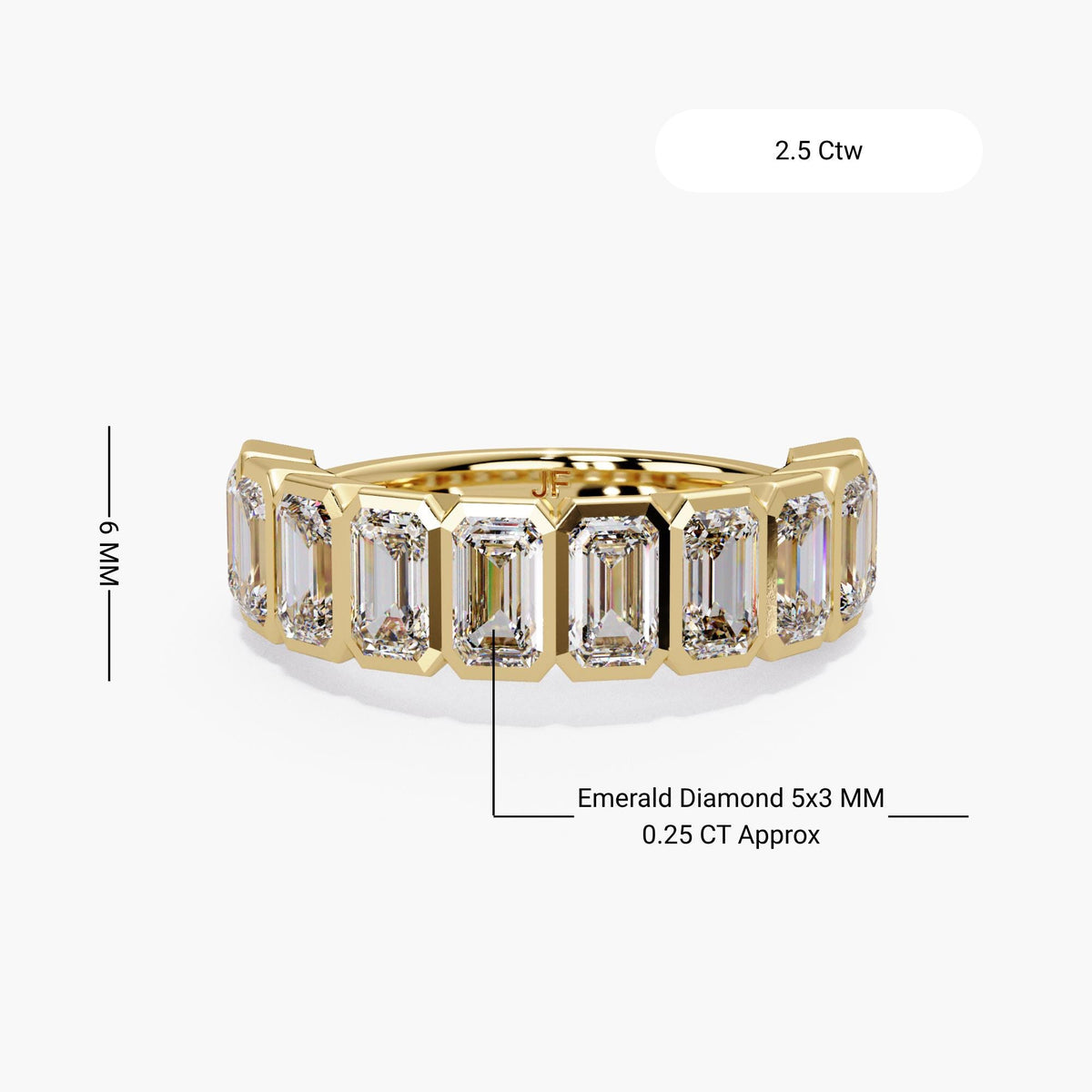 A sculptural emerald-cut diamond band designed to stand out with clean geometry and exceptional sparkle.
This 2.5+ CTW bezel-set half-eternity ring features ten 5×3 mm emerald-cut lab diamonds, each framed in a sleek, modern bezel for secure everyday wear.
Perfect as a wedding band, anniversary band, right-hand ring, or a bold stacking piece.