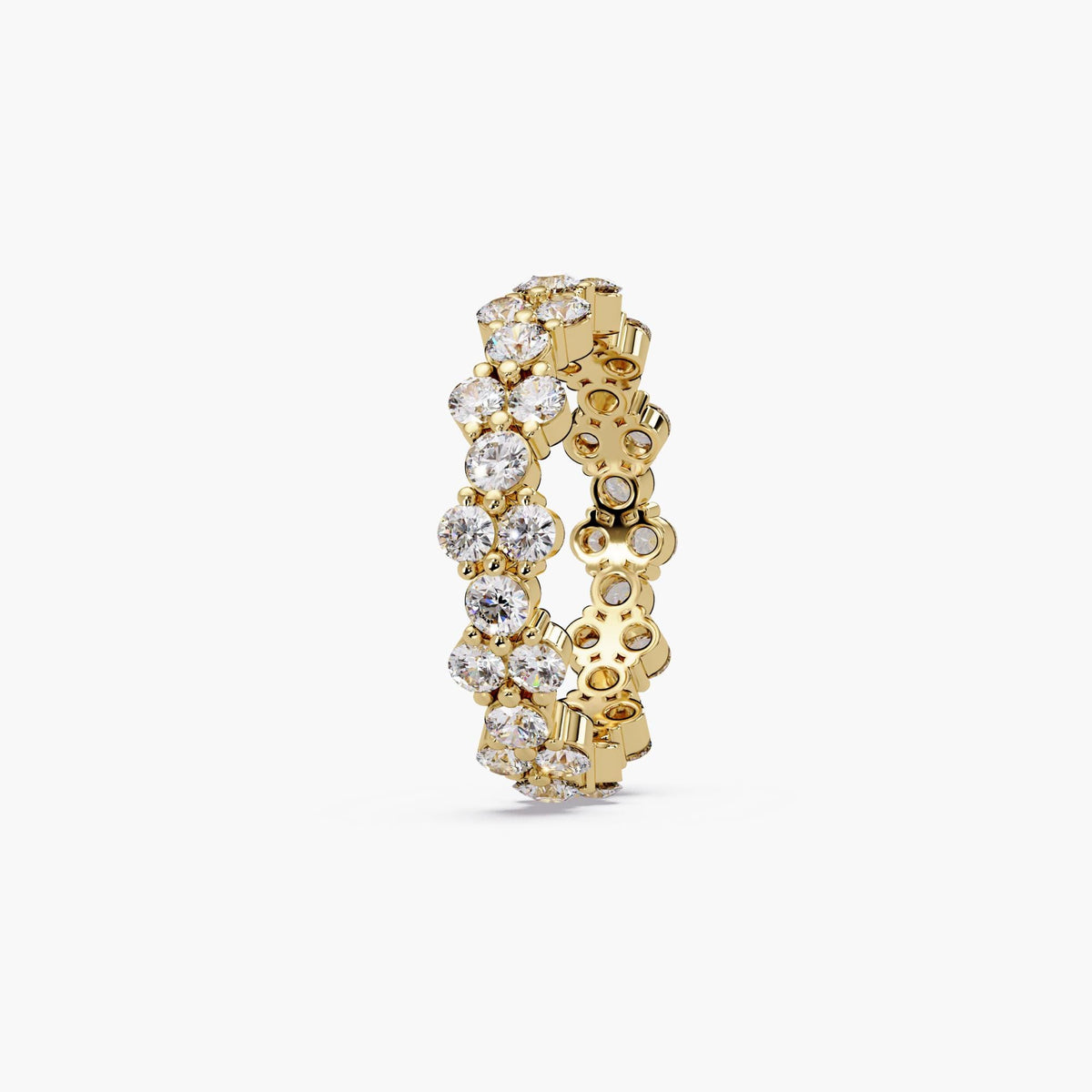 14K yellow gold natural diamond eternity band with 36 round diamonds in a flower-cluster design, 4.7mm width