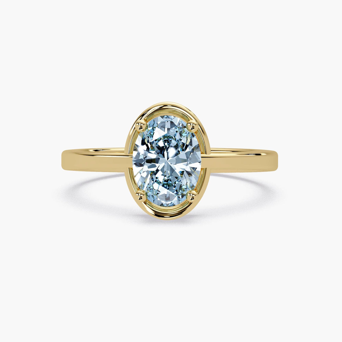 Oval sky blue topaz ring in 14K white gold shown at an angle highlighting the chunky half-bezel design.