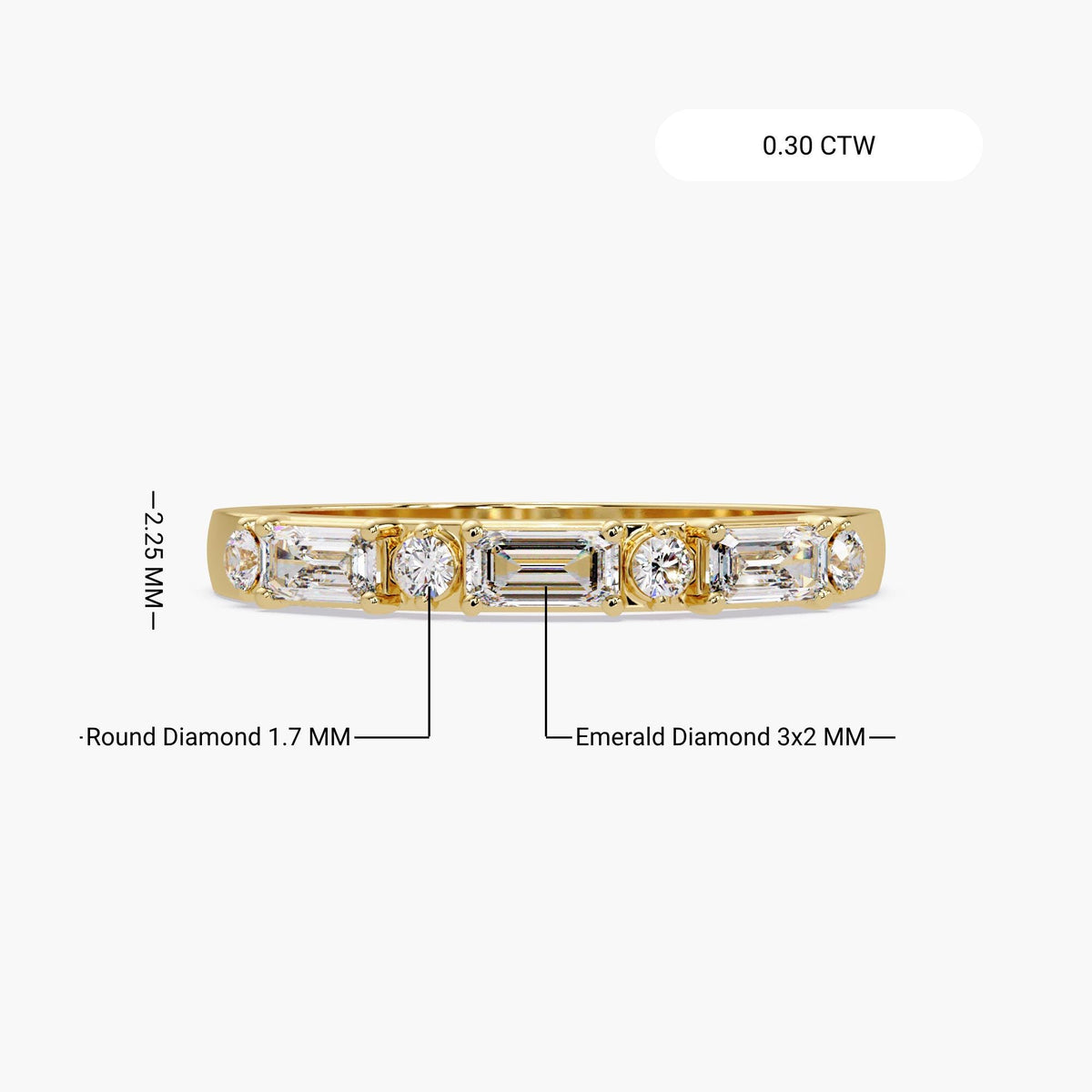 Emerald diamond 3x2 mm and round diamond 1.7 mm size diagram with 2.25 mm ring width