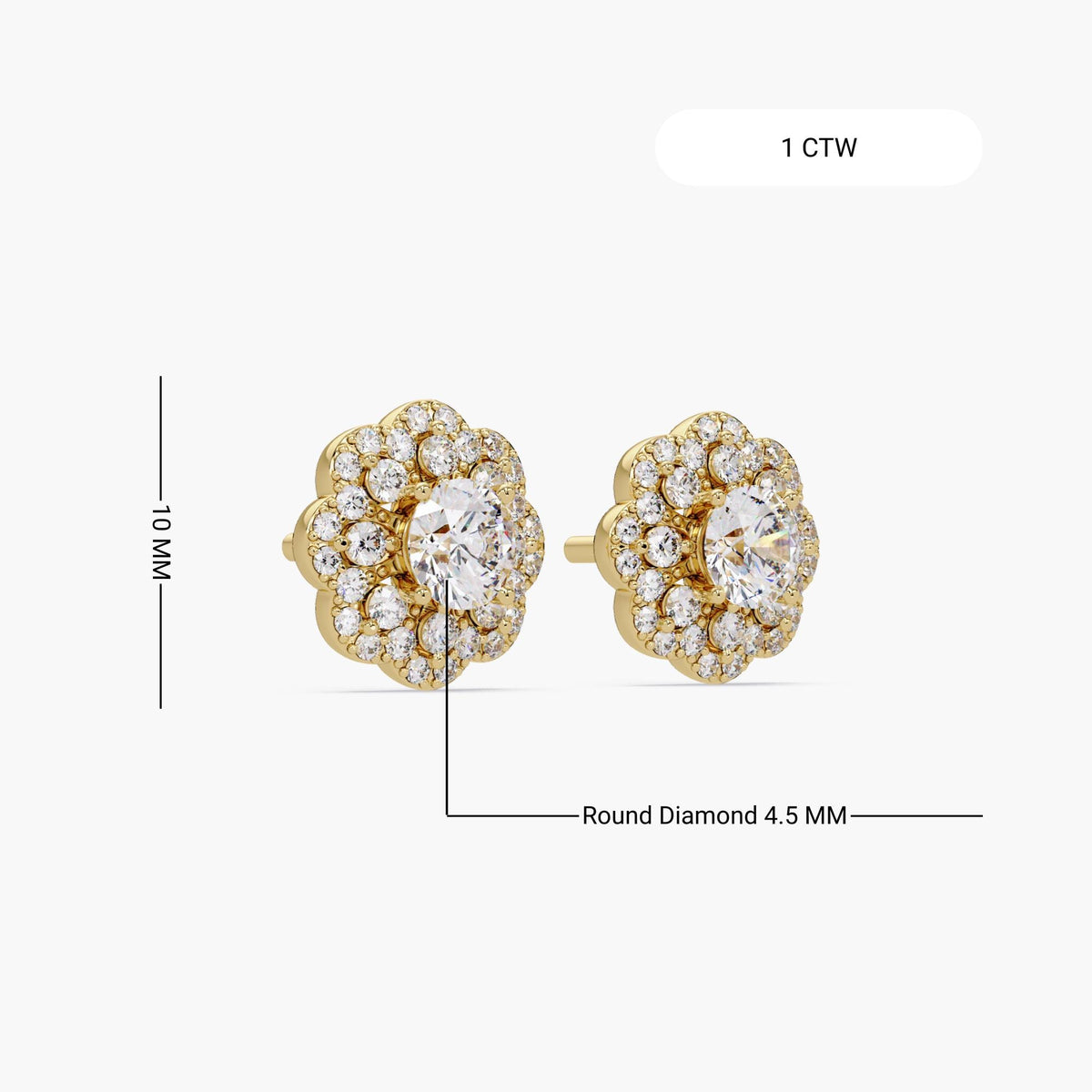 14K yellow gold diamond flower stud earrings with a cluster design featuring a center round diamond surrounded by smaller pavé diamonds