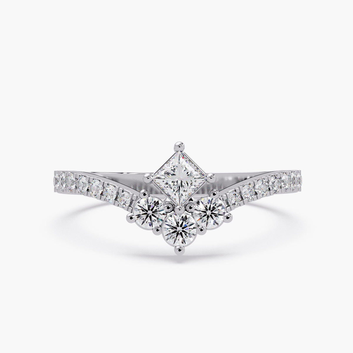 14K white gold princess and round lab diamond tiara V ring worn on hand, 0.50 CTW.