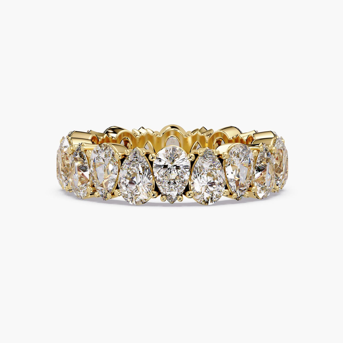 14K yellow gold pear lab grown diamond eternity ring with alternating pear cut stones, prong set, 5.6mm wide