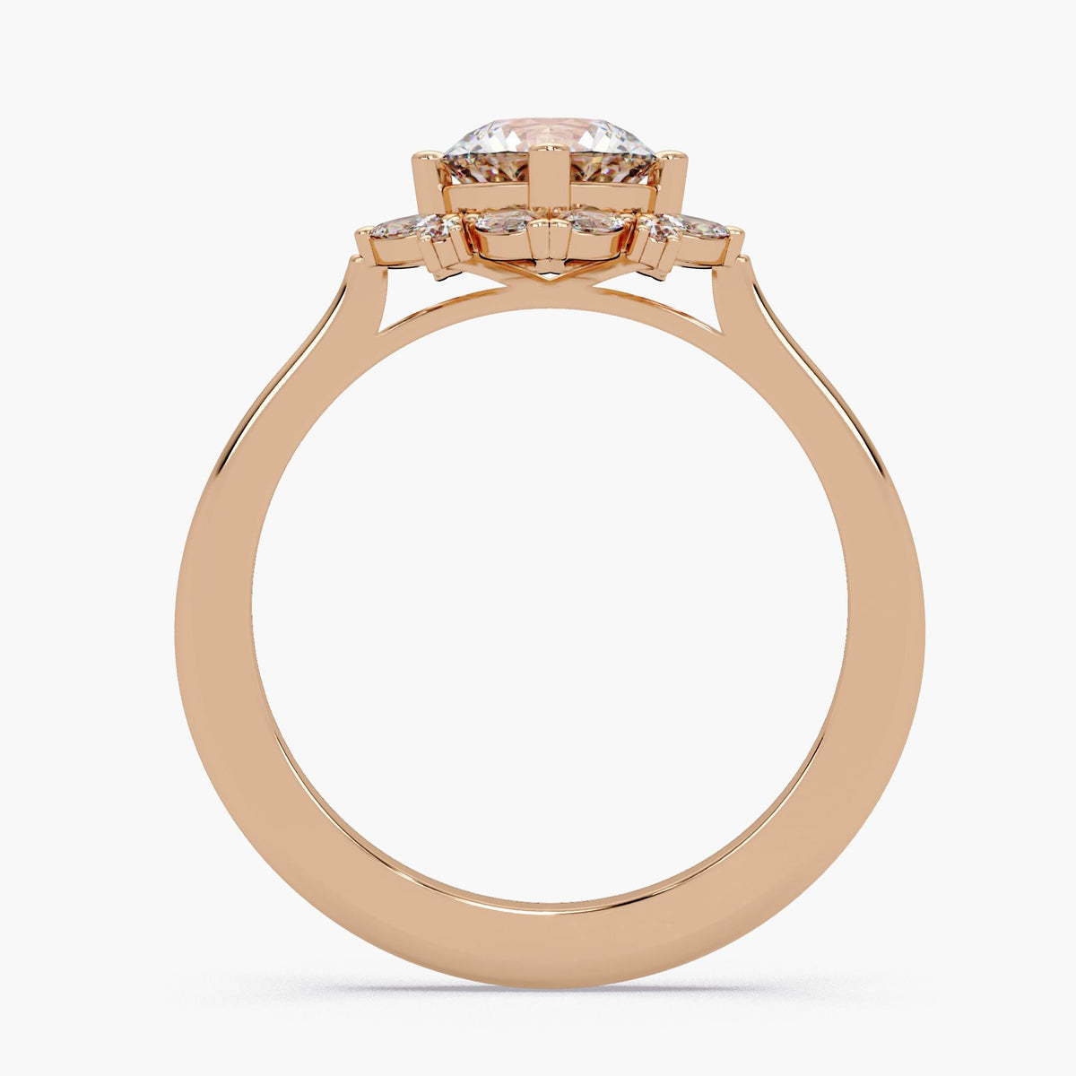 Flower halo engagement ring with 1 CT round center diamond and marquise halo stones in solid 14K rose gold.
