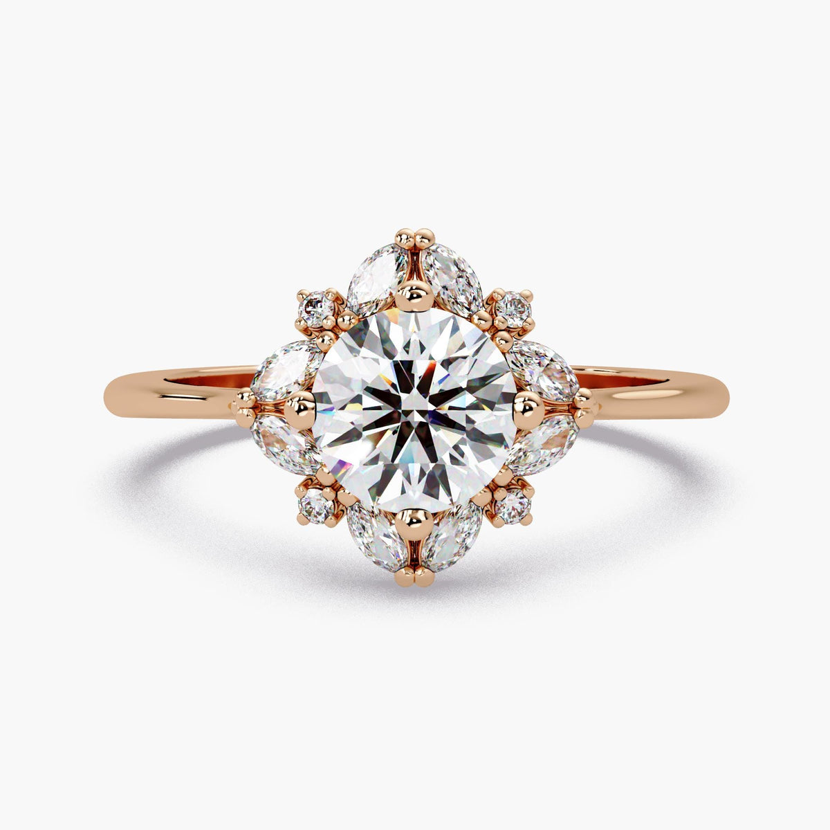 Flower halo engagement ring with 1 CT round center diamond and marquise halo stones in solid 14K rose gold.