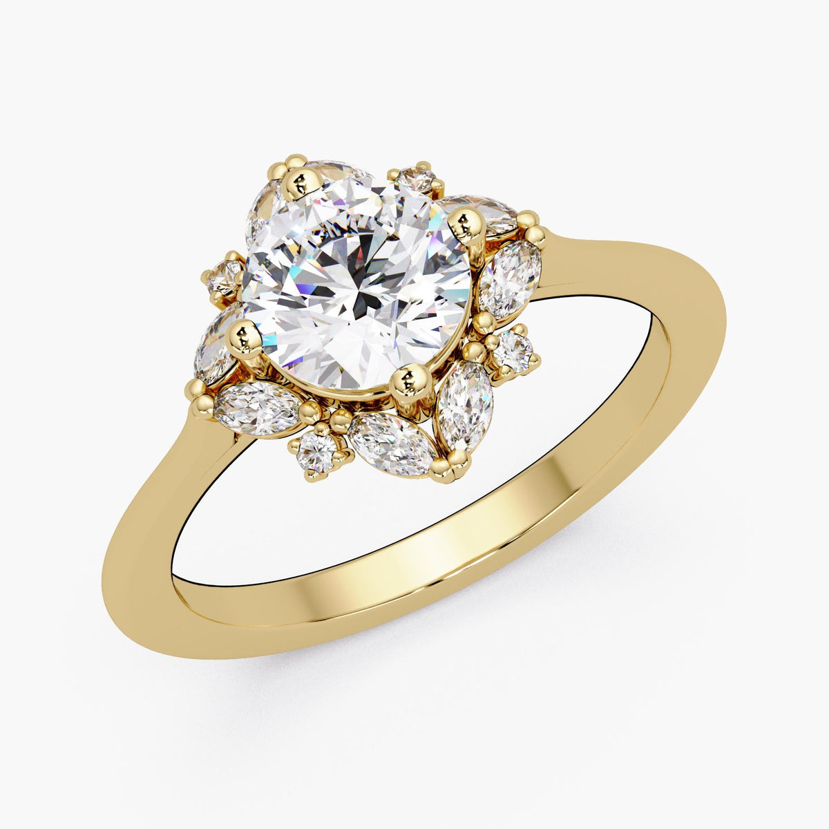 14K gold floral halo engagement ring with 1 carat round lab grown diamond and marquise diamond halo.