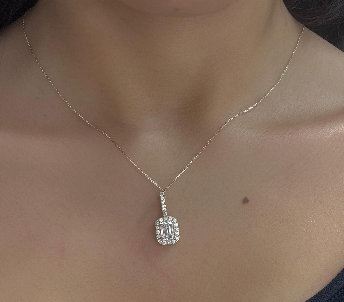 14K Gold Halo Diamond Pendant, 1.50Ctw Emerald Cut Charm Pendant, Dainty Gold Chain Necklace, Gift for Her