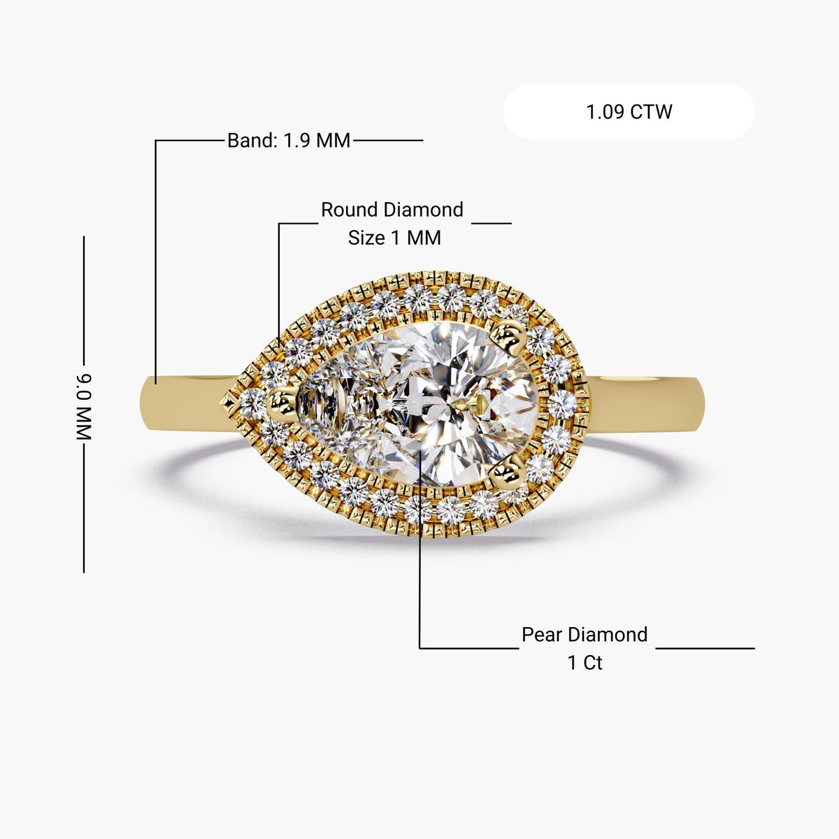 East West pear halo engagement ring showing 1 Ct center stone and dimensions
