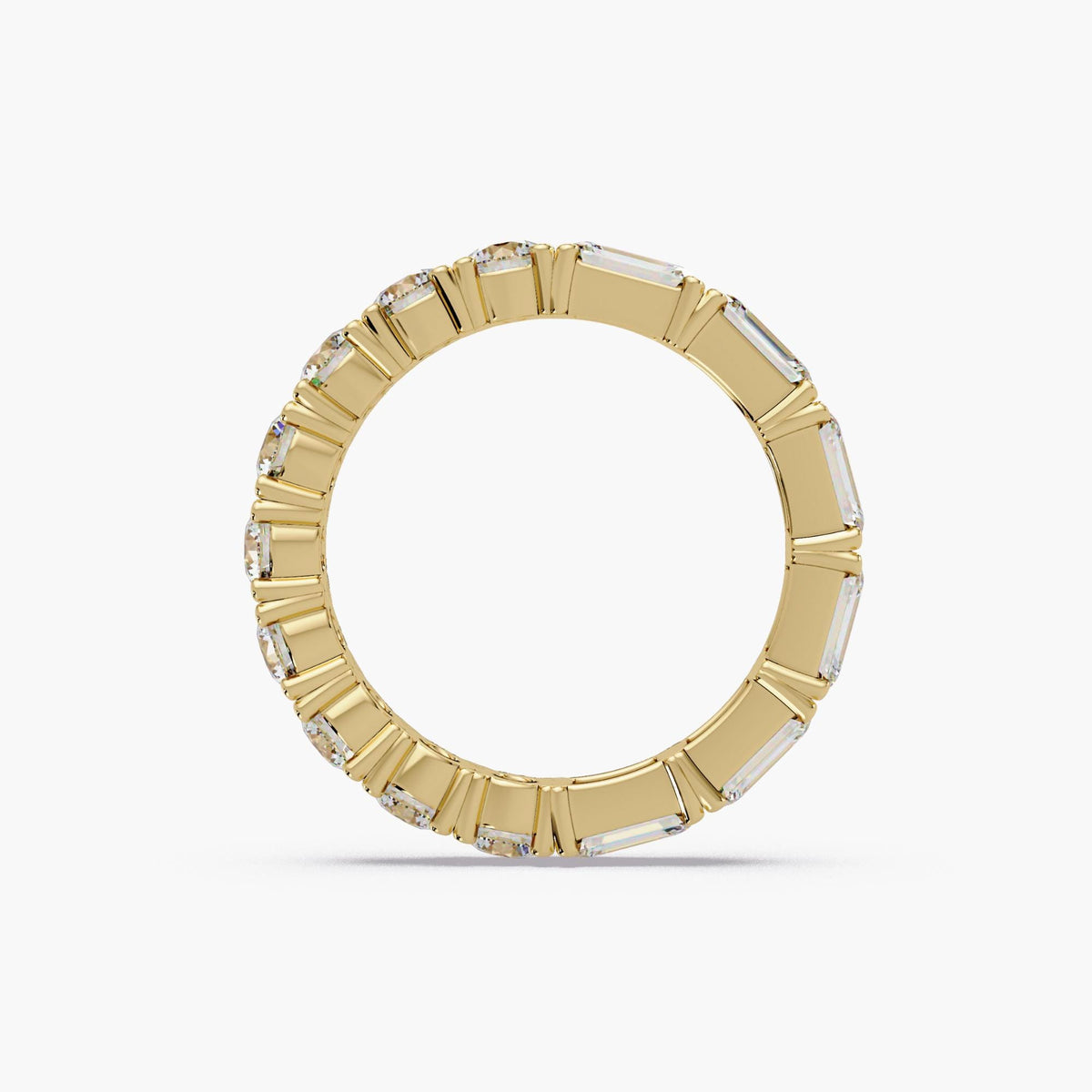 14K yellow gold eternity band featuring half emerald-cut and half round lab-grown diamonds in a full-eternity prong setting.
