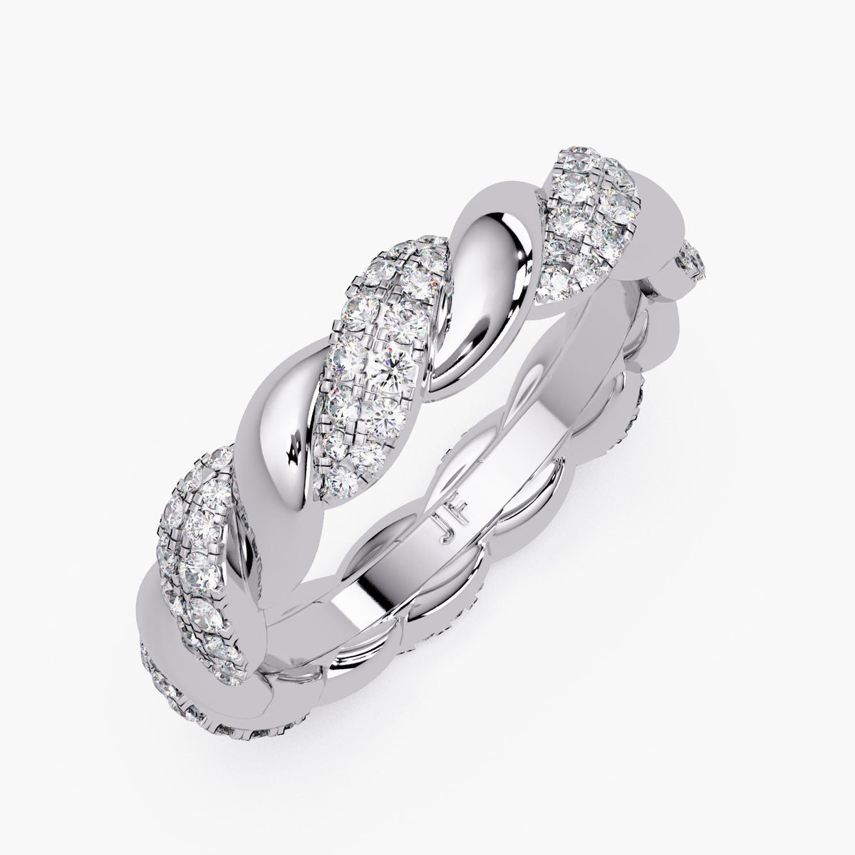 14K white gold braided twist diamond ring with pavé natural diamonds