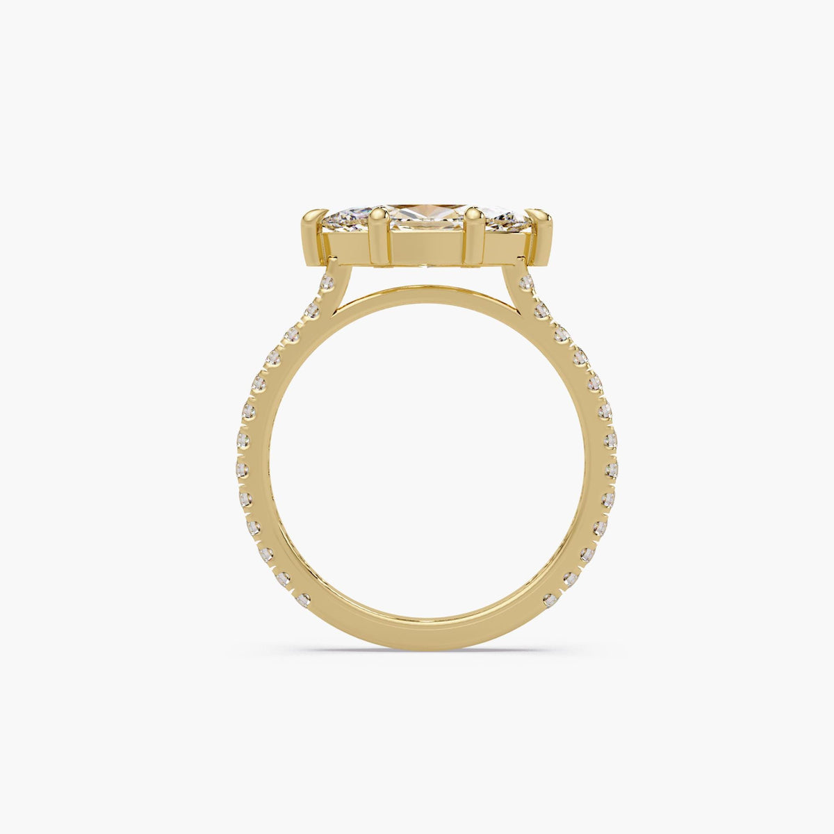 14K yellow gold east-west marquise lab-grown diamond ring with pavé band and 6-prong