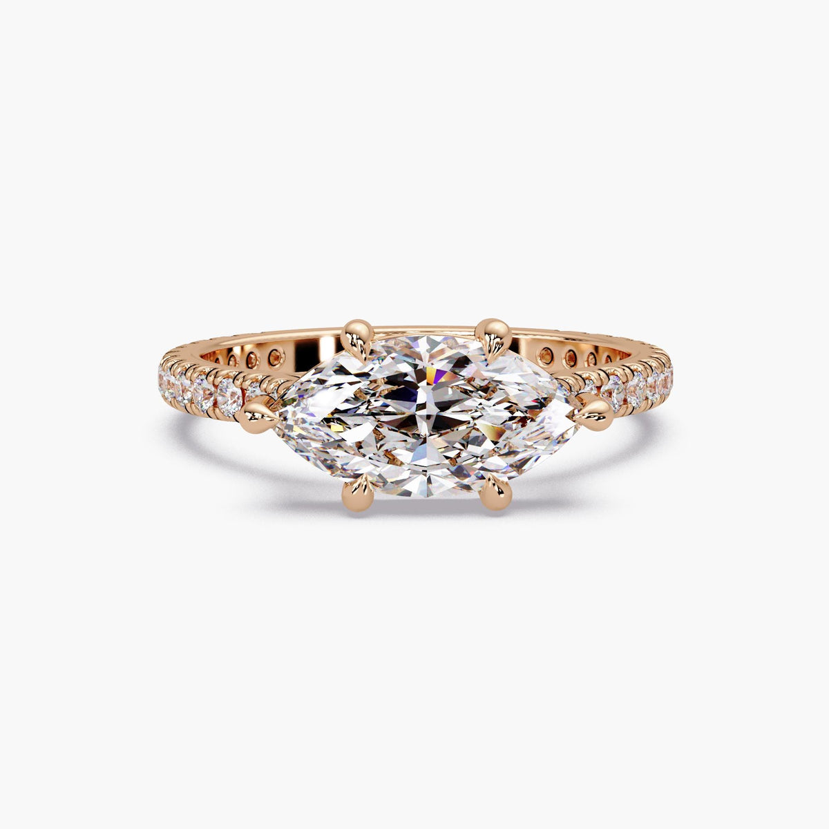 14K rose gold east-west marquise lab-grown diamond ring with pavé band and 6-prong setting