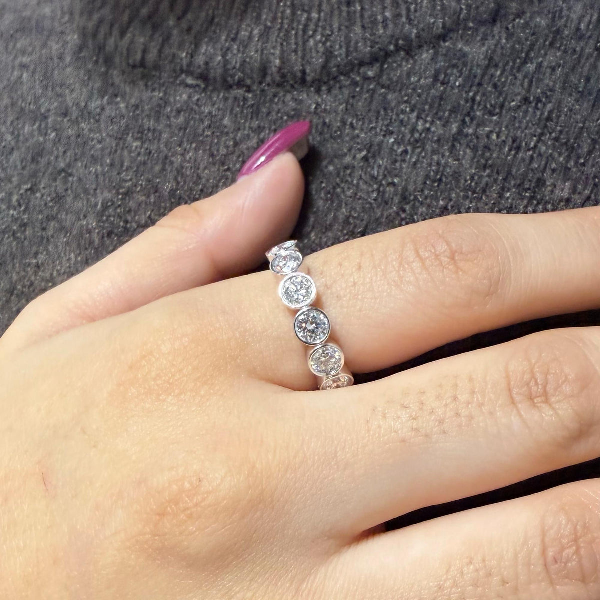14K white gold lab grown diamond bezel eternity ring with 3.7mm round diamonds