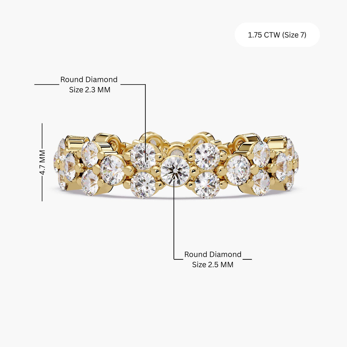 14K yellow gold natural diamond eternity band with 36 round diamonds in a flower-cluster design, 4.7mm width