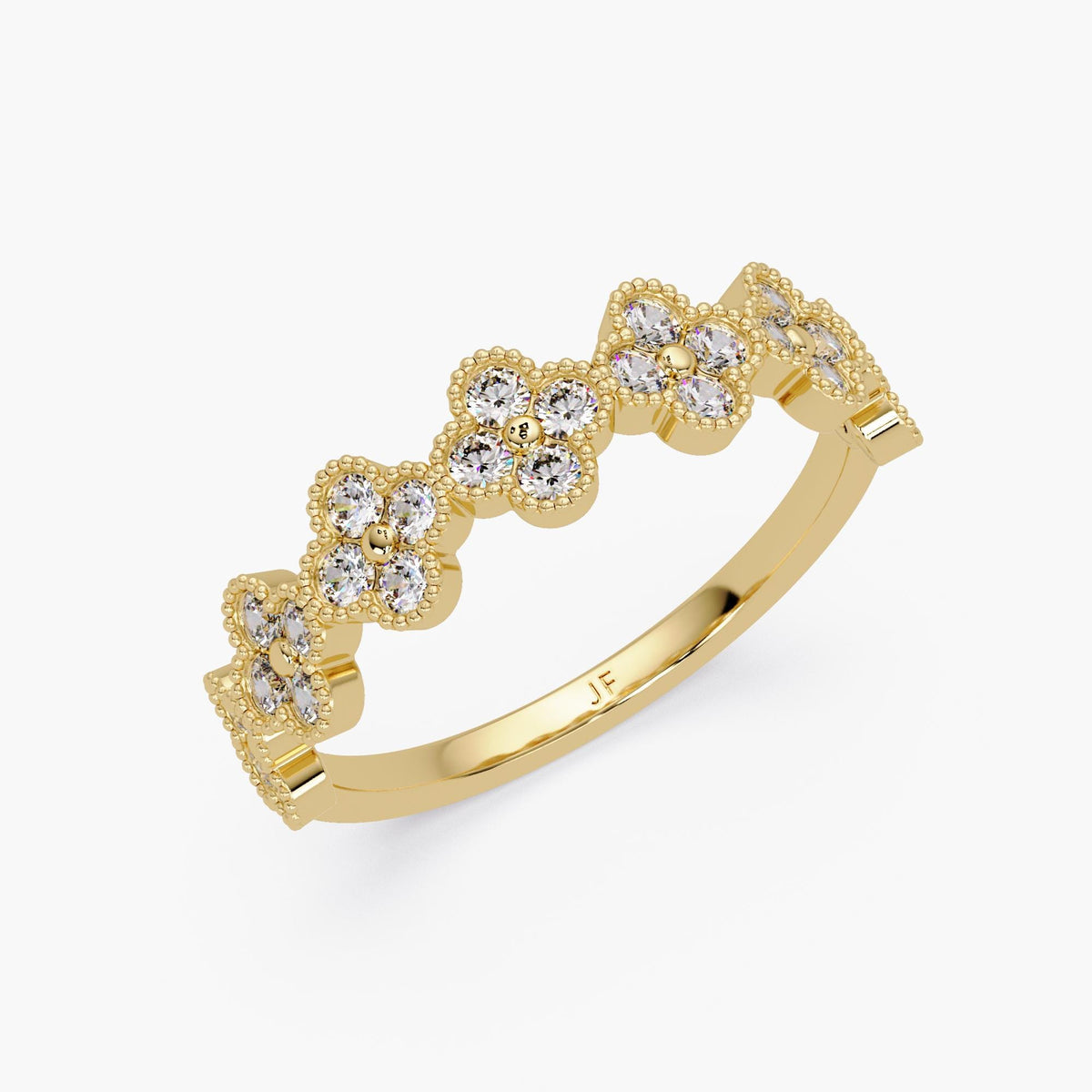 14K yellow gold lab diamond clover wedding band with scalloped floral pavé design and round diamonds