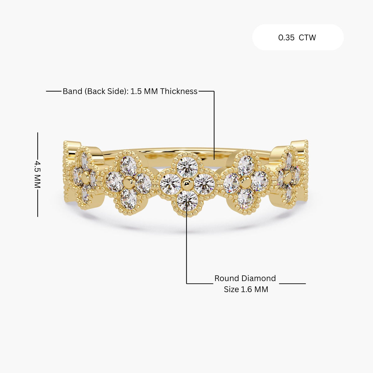 14K yellow gold lab diamond clover wedding band with scalloped floral pavé design and round diamonds
