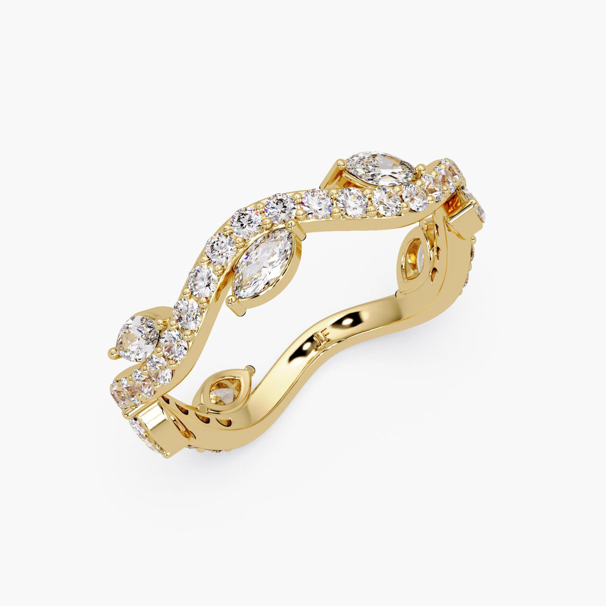 Curved marquise lab diamond wedding band in 14K yellow gold with pavé-set round diamonds and an offset marquise design, styled as a vine-inspired wave band for stacking, bridal pairing, or anniversary and pregnancy gifting.