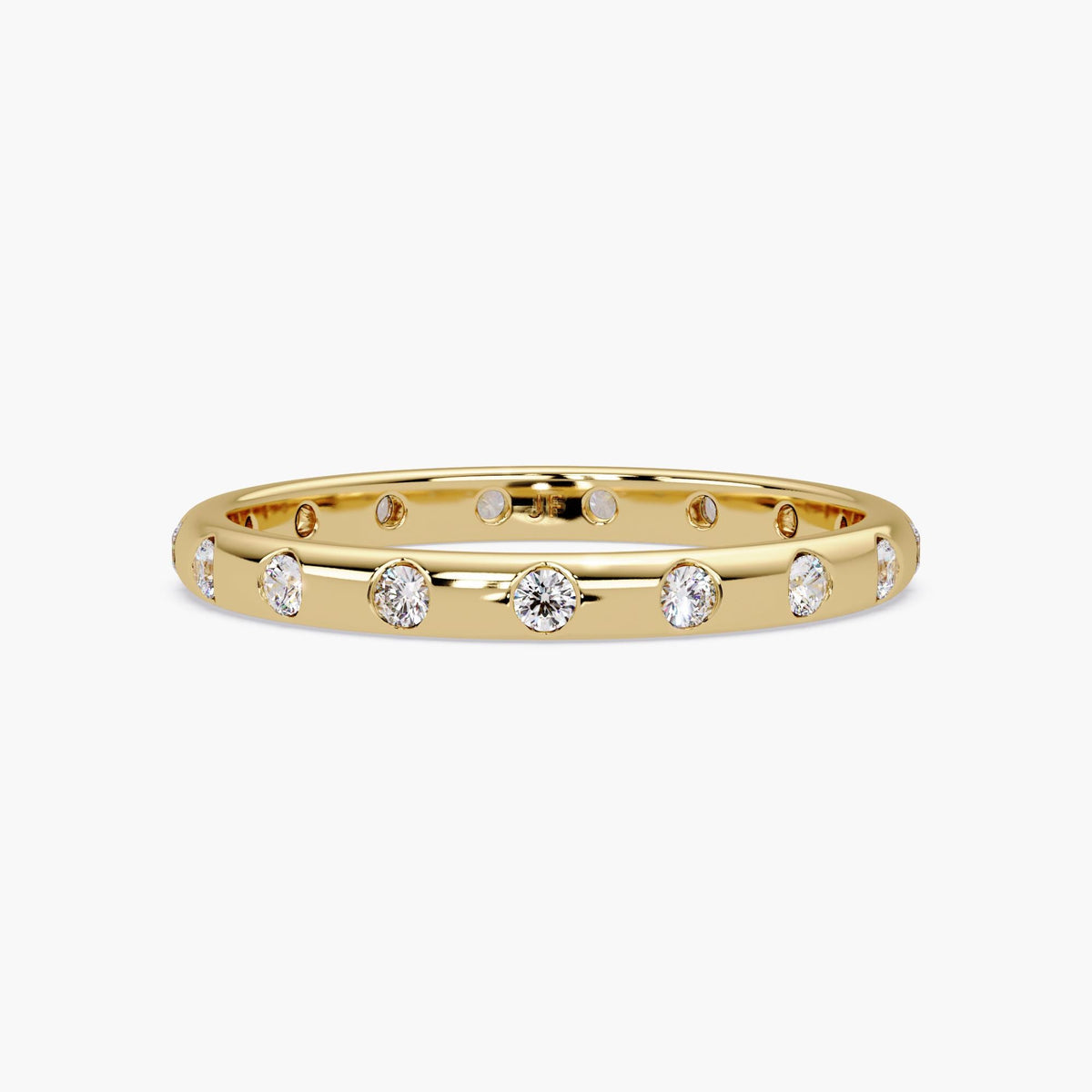 14K yellow gold flush set diamond wedding band with round lab grown diamonds, 2mm wide band, 0.20 ctw, low profile minimalist design