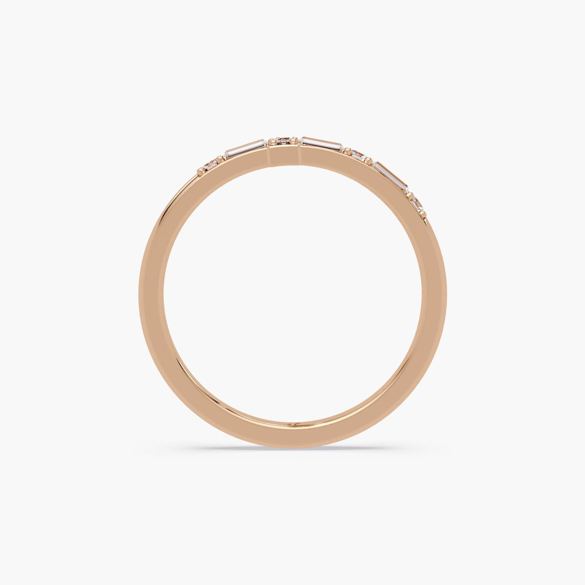 Sideways diamond cross ring in solid 14K rose gold with baguette and round lab grown diamonds
