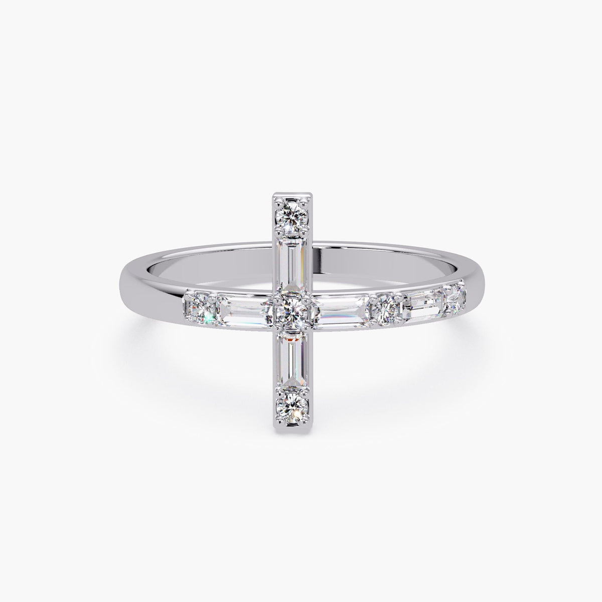 Diamond cross ring with 11.5mm cross height with 3x1.5mm baguette diamonds and 1.5mm round diamonds