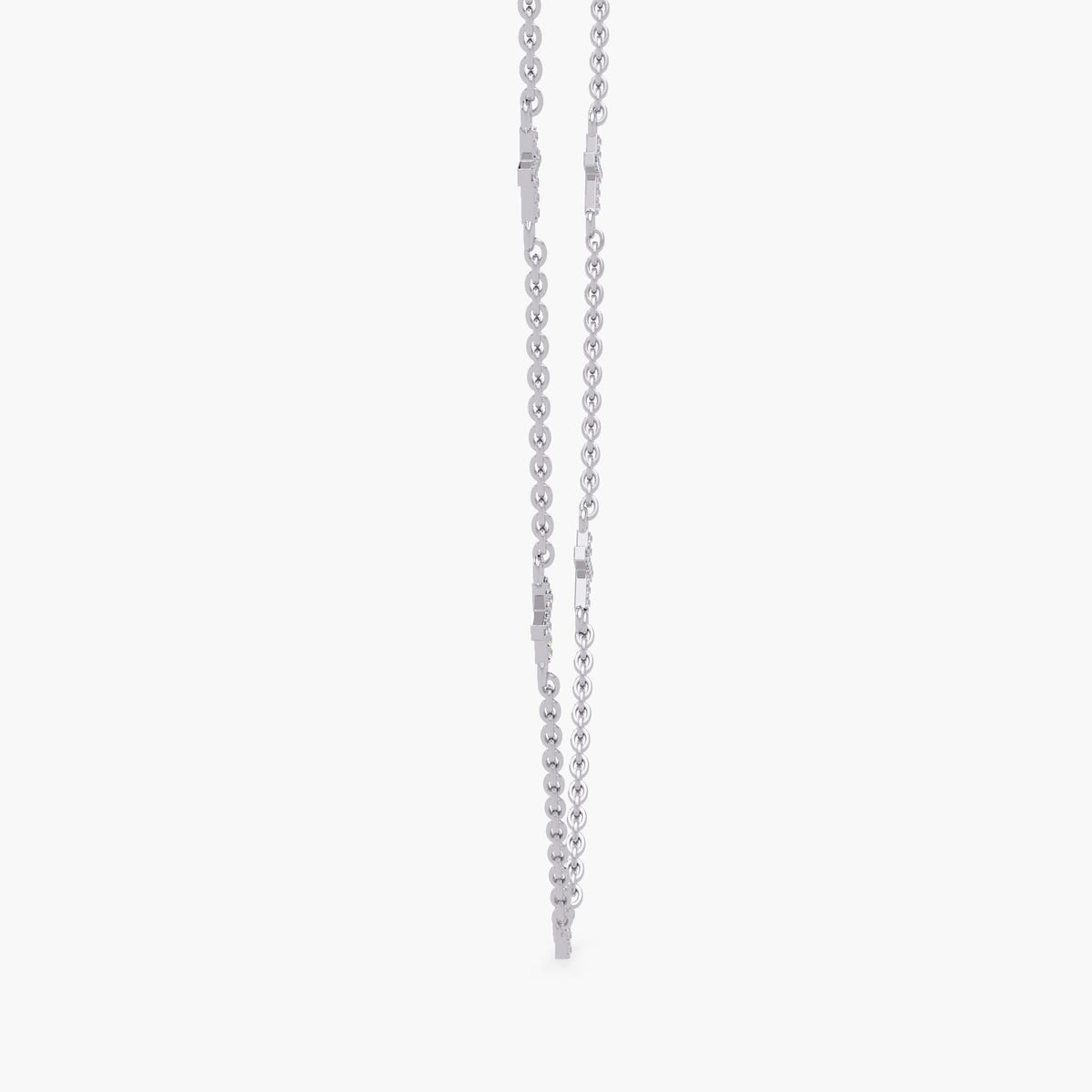 14K white gold diamond sideways cross necklace with five pavé-set natural diamond crosses on a delicate cable chain
