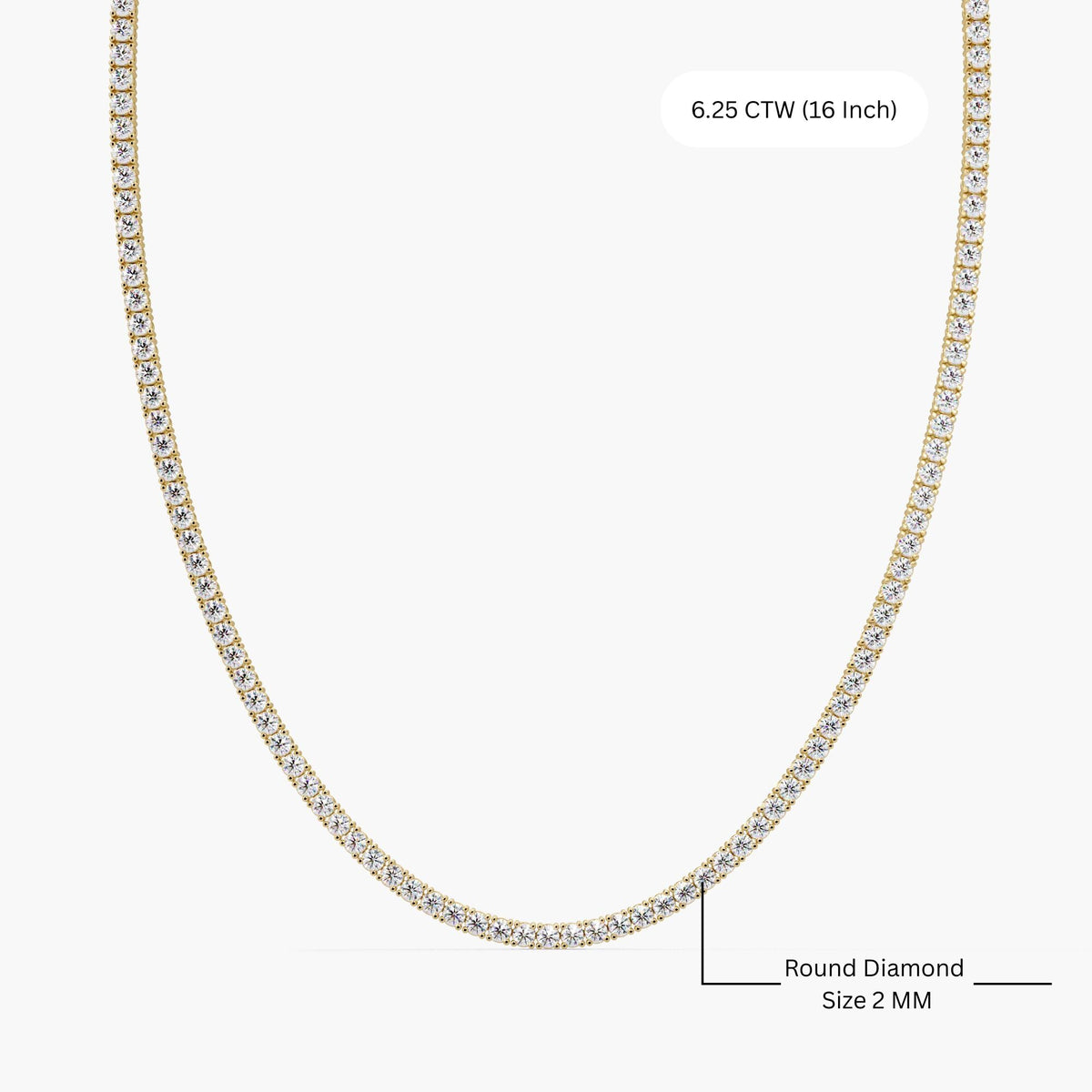 6.25 Ct Lab Grown Diamond Tennis Necklace, 2MM Round Diamond, 4 Prong Tennis Chain, 16-18 Inch