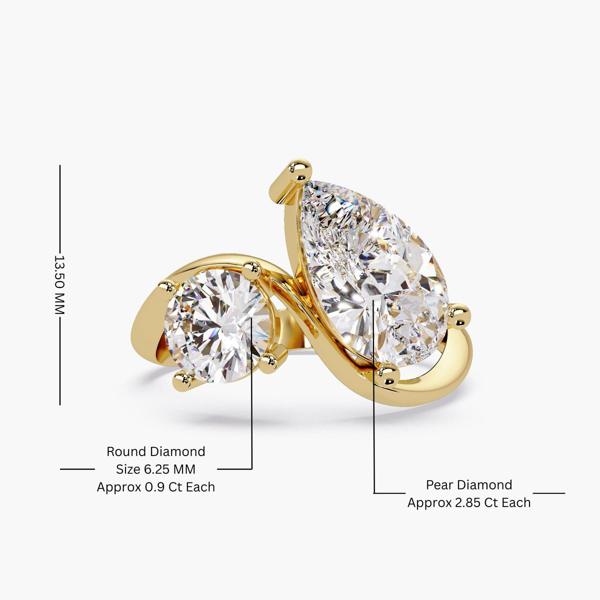14k gold toi et moi ring with a pear diamond and round diamond in a bypass design.