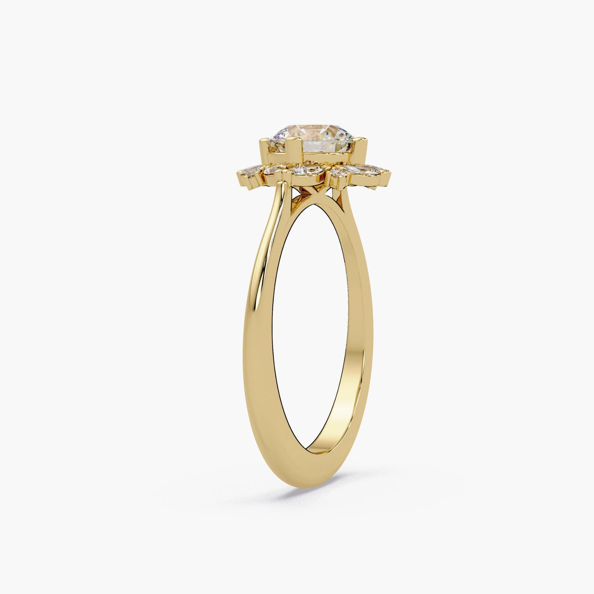 14K gold floral halo engagement ring with 1 carat round lab grown diamond and marquise diamond halo.