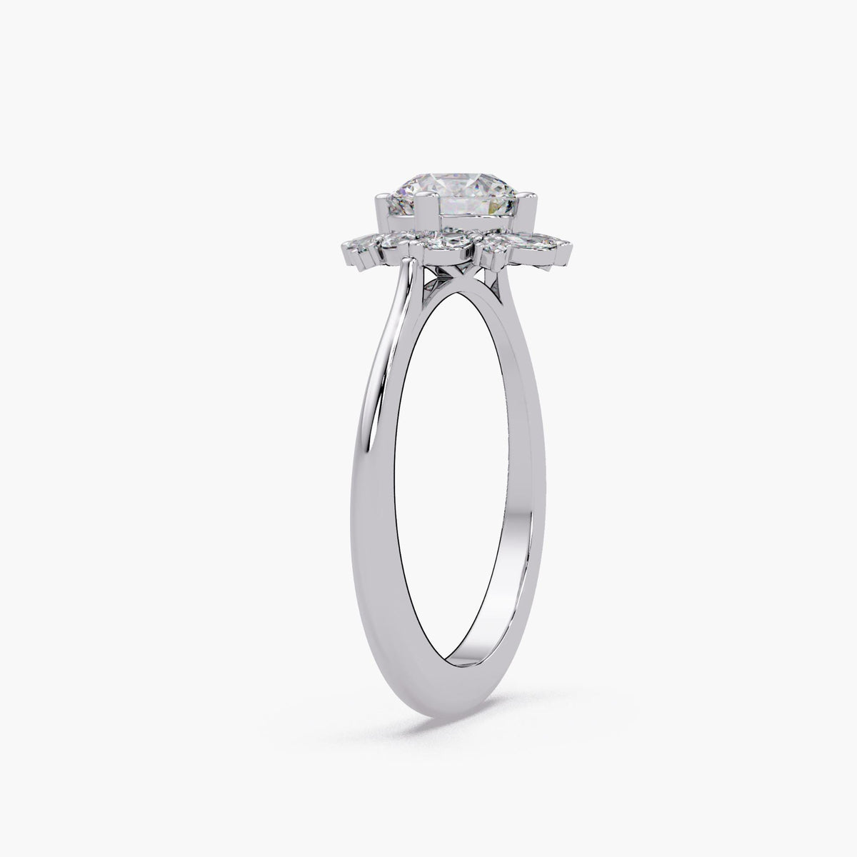 Round lab grown diamond ring in yellow gold featuring a marquise cut floral halo design