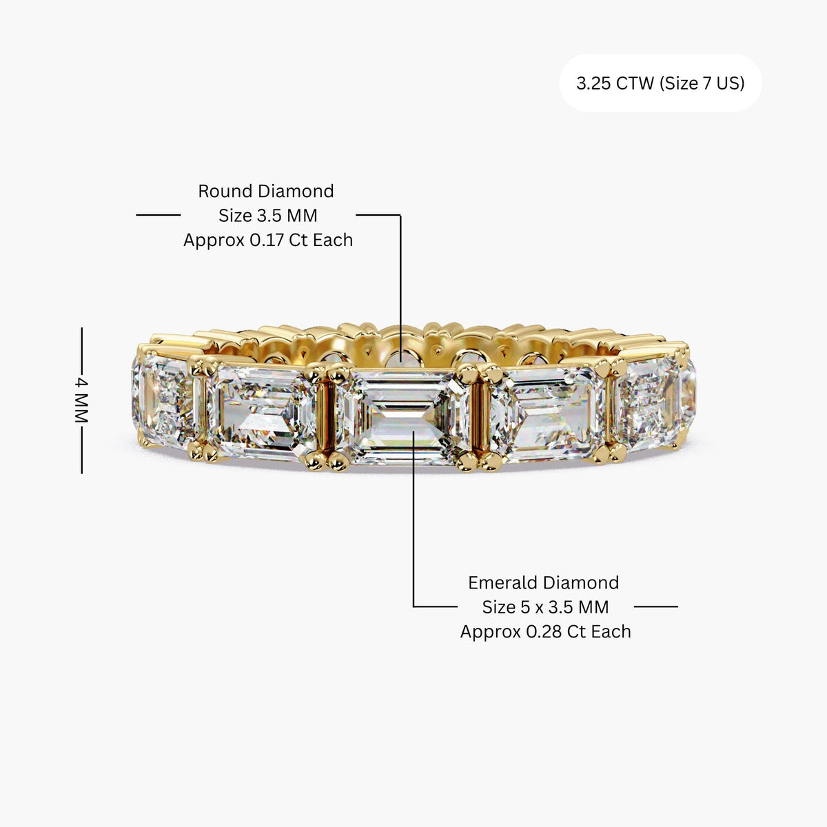 14K yellow gold eternity band featuring half emerald-cut and half round lab-grown diamonds in a full-eternity prong setting.