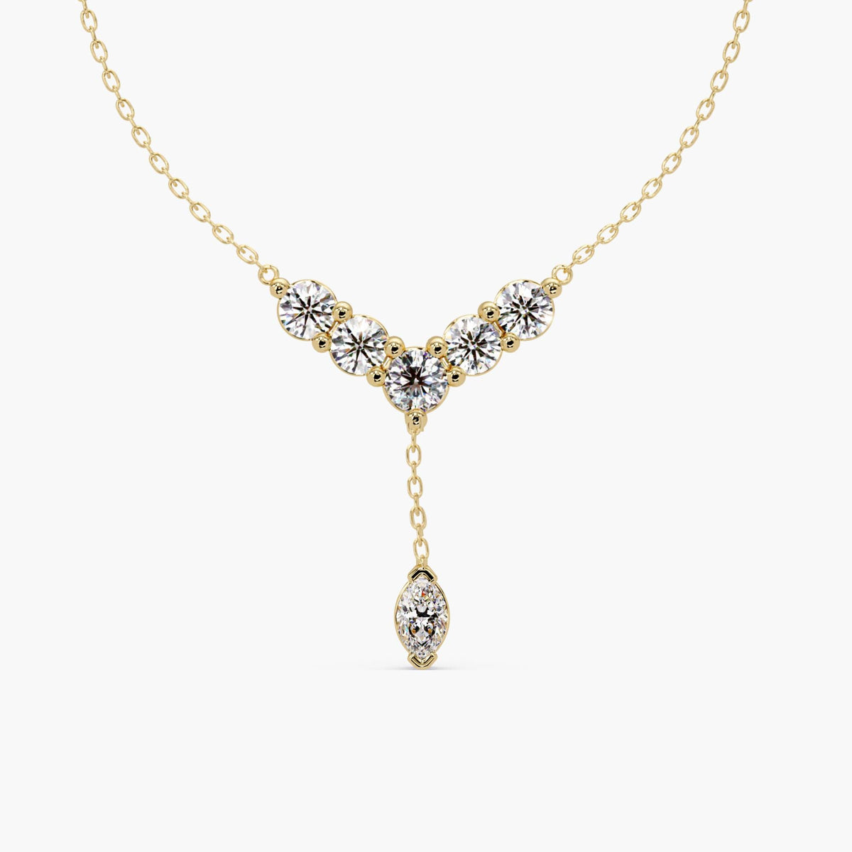 14K gold Y lariat necklace with round lab-grown diamonds and a marquise diamond drop on an adjustable cable chain.