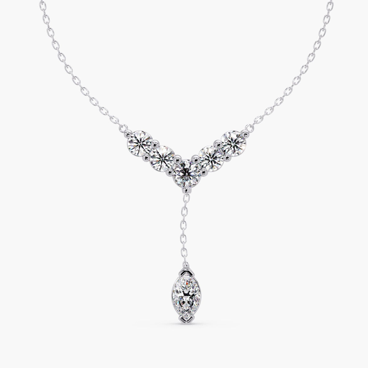 14K white gold marquise diamond Y lariat necklace shown at the collarbone for scale.