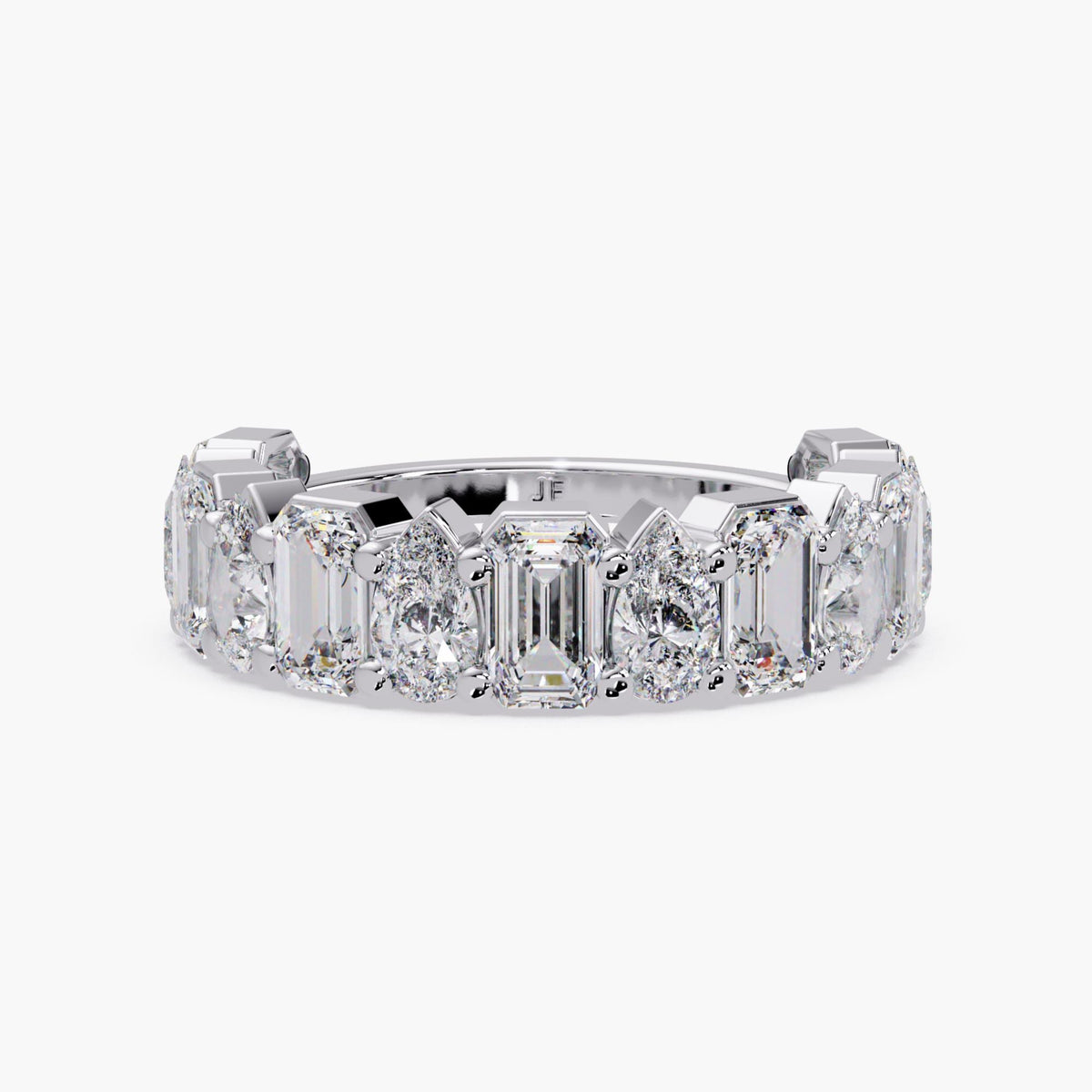 14K white gold eternity band featuring alternating emerald and pear cut lab grown diamonds set in a prong setting