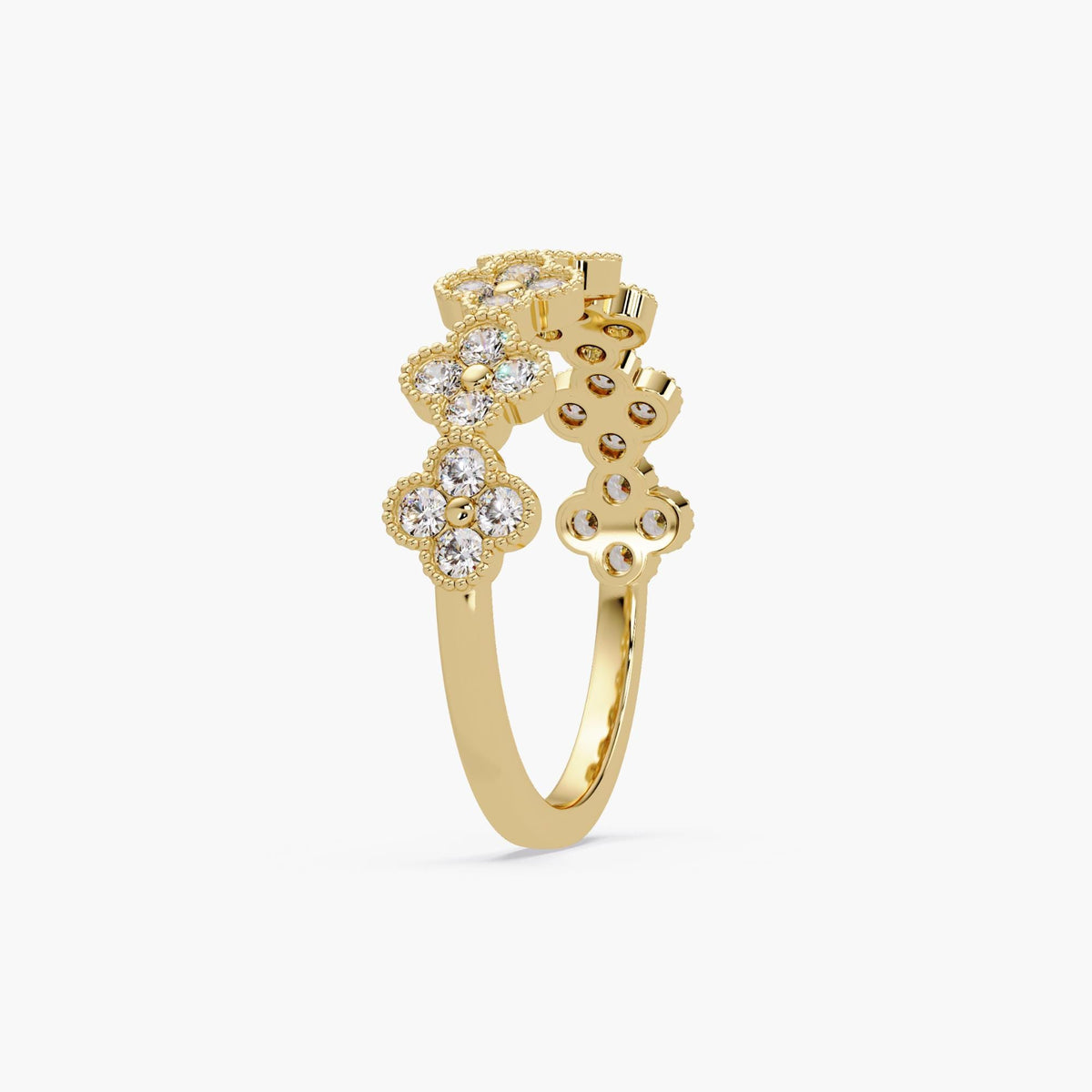 14K yellow gold lab diamond clover wedding band with scalloped floral pavé design and round diamonds