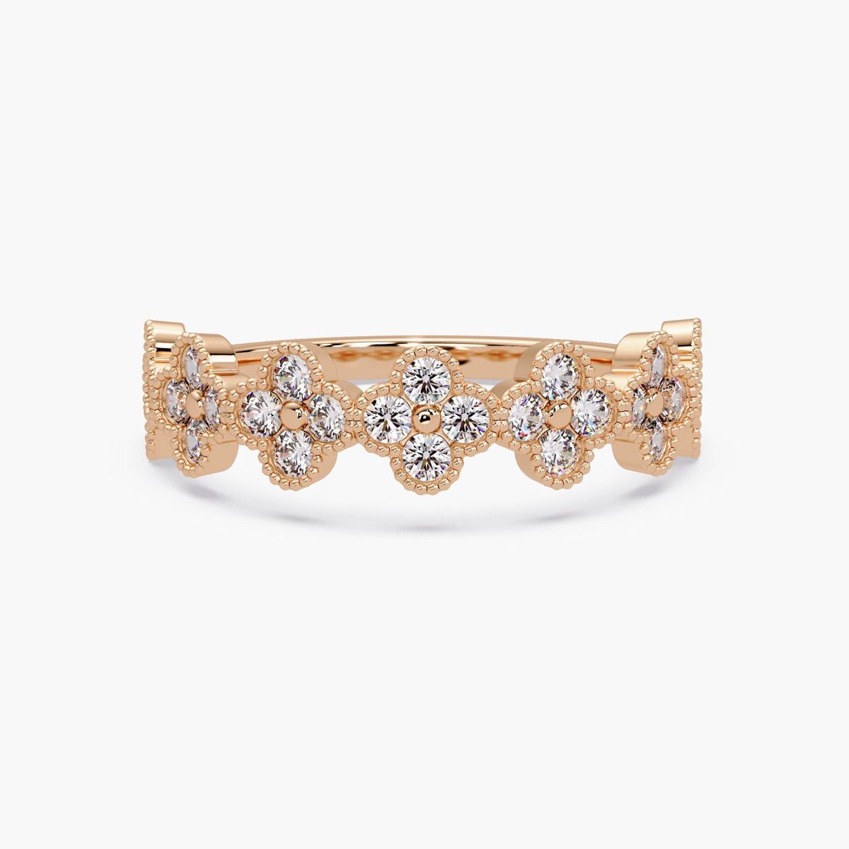 14K rose gold lab diamond clover wedding band with scalloped floral pavé design and round diamonds