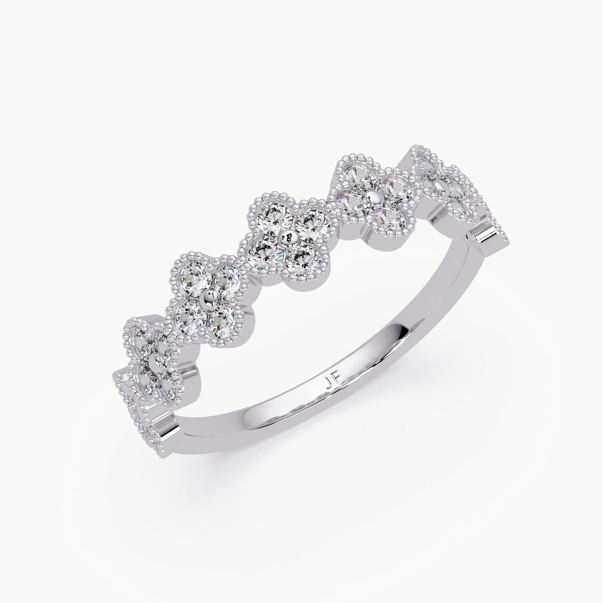 14K white gold lab diamond clover wedding band with scalloped floral pavé design and round diamonds