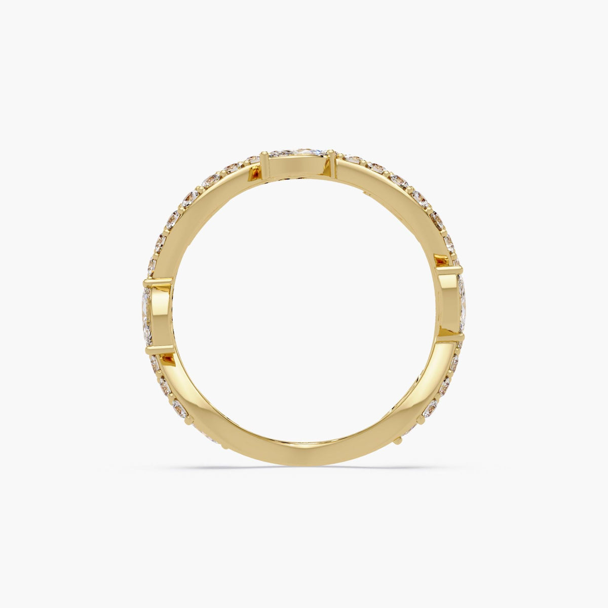 Curved marquise lab diamond wedding band in 14K yellow gold with pavé-set round diamonds and an offset marquise design, styled as a vine-inspired wave band for stacking, bridal pairing, or anniversary and pregnancy gifting.