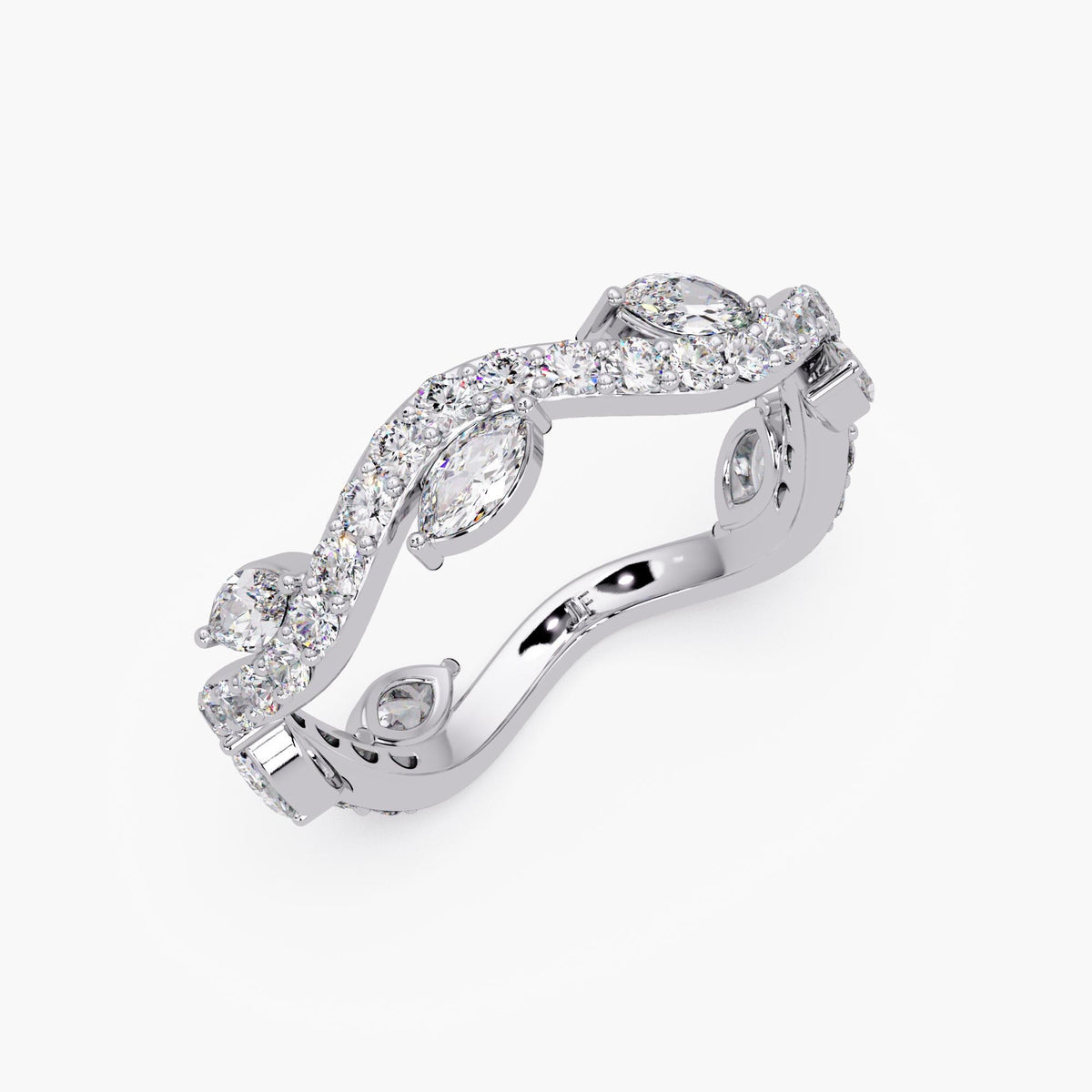 Curved marquise lab diamond wedding band in 14K white gold with pavé-set round diamonds and an offset marquise design, styled as a vine-inspired wave band for stacking, bridal pairing, or anniversary and pregnancy gifting.