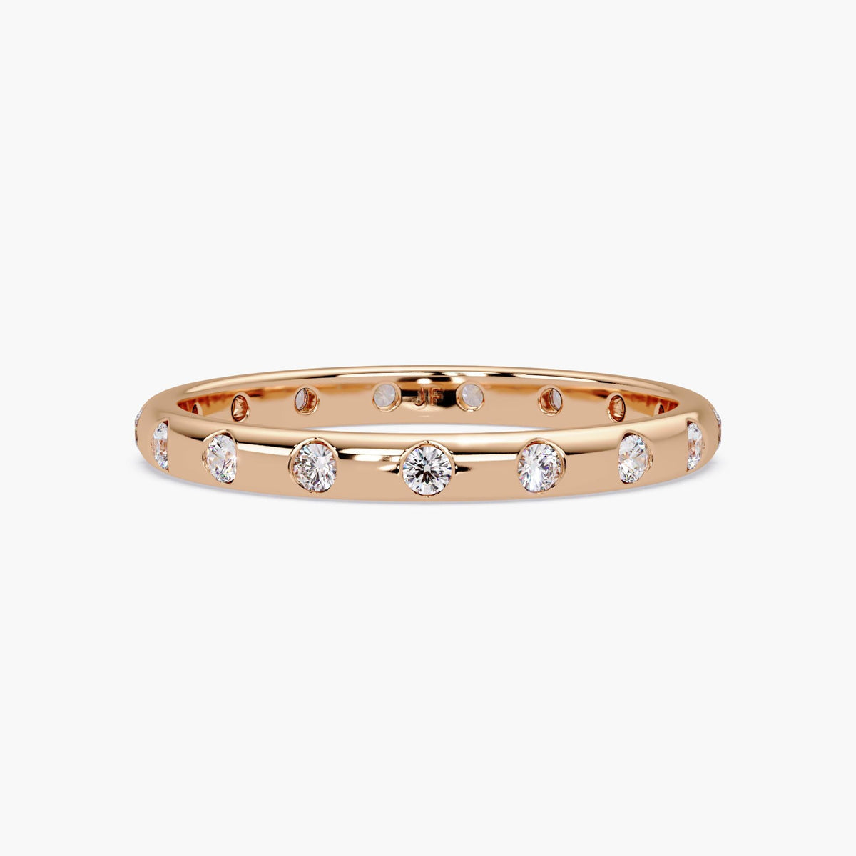 14K rose gold flush set diamond wedding band with round lab grown diamonds, 2mm wide band, 0.20 ctw, low profile minimalist design